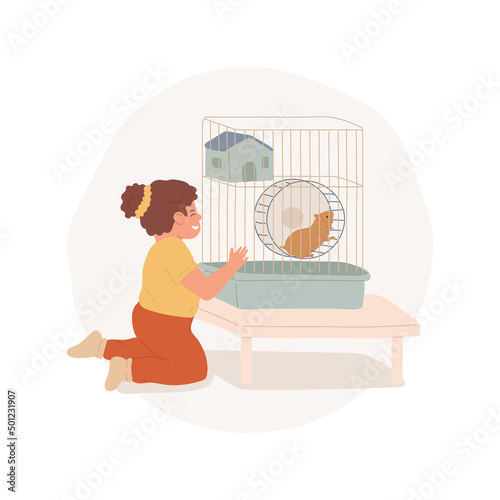 Hamster isolated cartoon vector illustration. Children watch little hamster running the wheel, having rodent as a pet, kids take care of domestic animal, family daily routine vector cartoon.