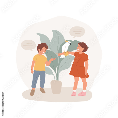 Parrot isolated cartoon vector illustration. Companion parrot behavior, cockatoo sitting on childs hand, kid speaking to a bird, teaching to talk, training, children having pets vector cartoon.