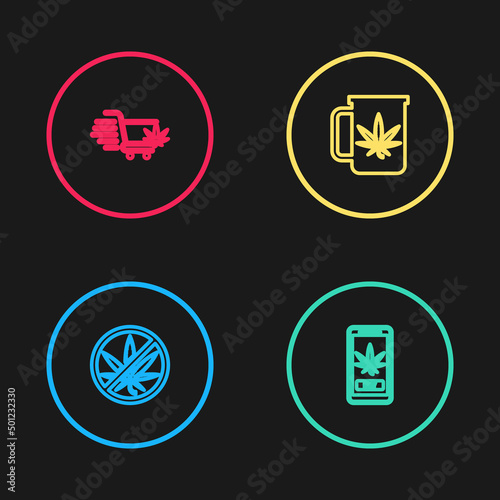 Set line Stop marijuana, Online buying, Cup tea with and Shopping cart icon. Vector