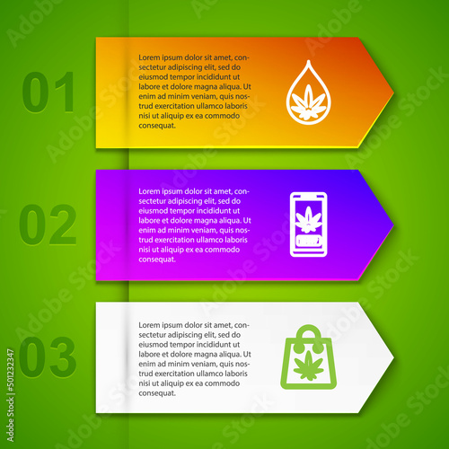 Set line Marijuana or cannabis leaf oil, Online buying marijuana, Shopping bag of and cart with. Business infographic template. Vector