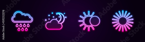 Set line Cloud with rain, moon and stars, Eclipse of the sun and Sun. Glowing neon icon. Vector © vector_v