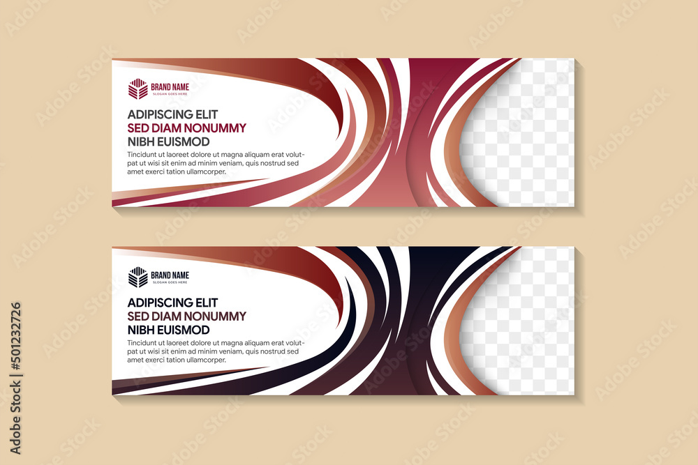 Set of abstract geometric banner template. Horizontal layout combined with brown, pink and dark blue. Space for photo collage and text. White background with curve style.