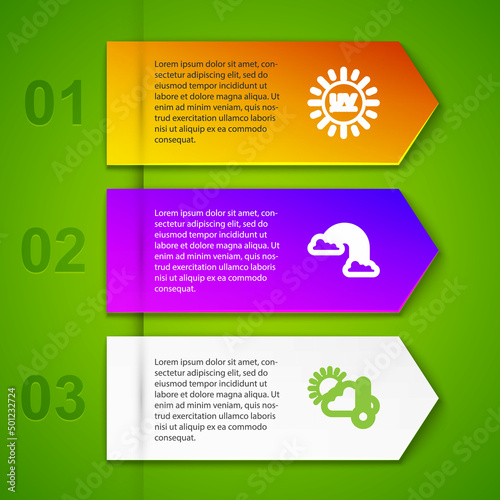 Set line UV protection, Rainbow with clouds, Thermometer and cloud, sun and . Business infographic template. Vector