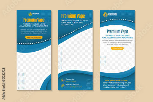 Set of abstract geometric banner template for premium vape promotion. Vertical layout combined with curve shape use blue and yellow as element and background with space for photo collage.