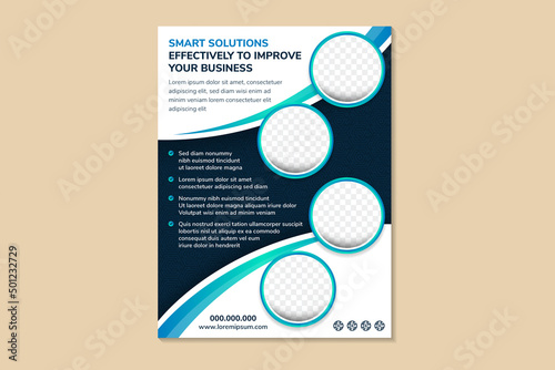 Flyer template design with example headline is smart solutions for your business. Curve for space of photo collage and text. Advertising banner with vertical layout. white background and blue element.