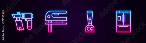 Set line Nail gun, Electric jigsaw, Blender and Refrigerator. Glowing neon icon. Vector
