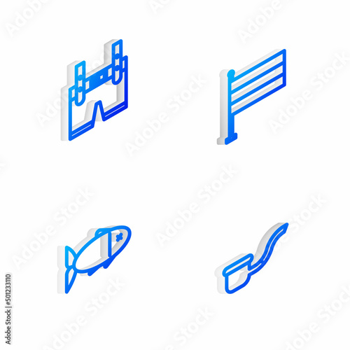 Set Isometric line National Germany flag, Lederhosen, Fish and Smoking pipe icon. Vector