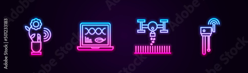 Set line Smart farming technology, Genetic engineering modification, with drone and Router and wi-fi signal. Glowing neon icon. Vector