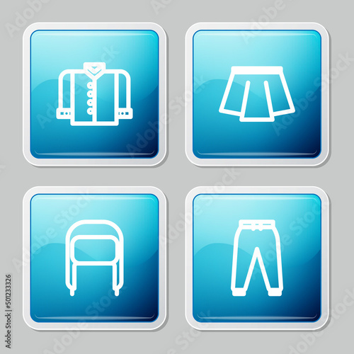 Set line T-shirt, Skirt, Winter hat with ear flaps and Sport pants icon. Vector