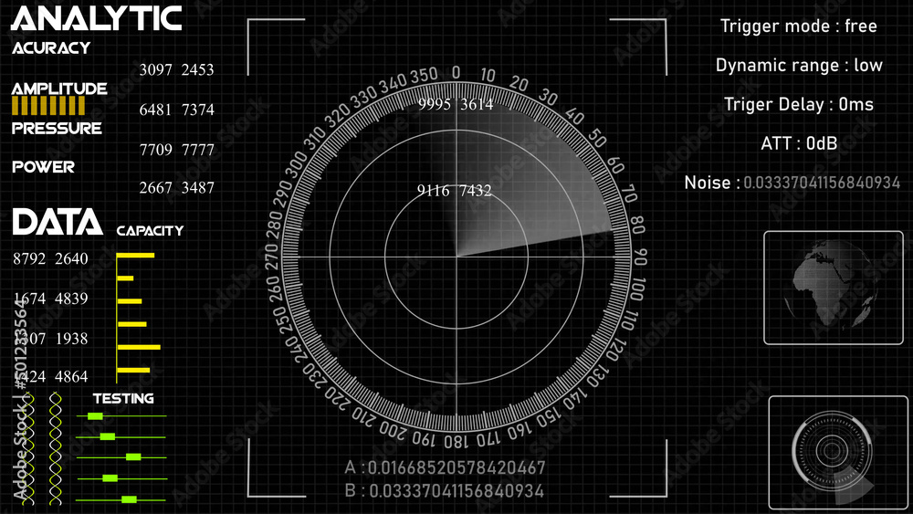 Fototapeta premium Technology interface HUD rotating on dark virtual screen with animated interface .radar HUD animation. Radar Gaps Navigation Screen Display ,bullet Shot & Futuristic Tracking. 