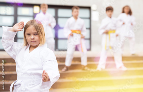 Little girl throws a punch at martial arts practice