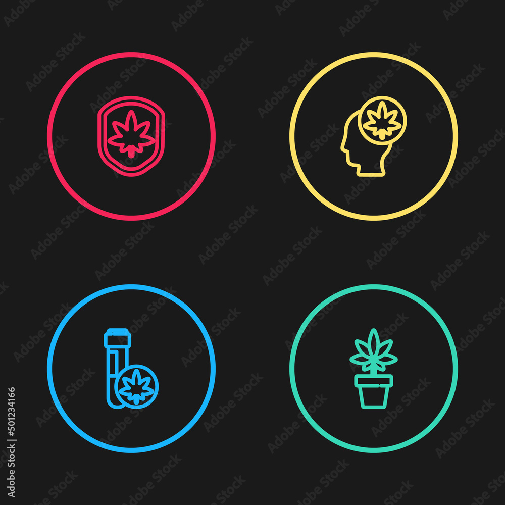 Set line Chemical test tube with marijuana, Marijuana or cannabis plant, Head and Shield and leaf icon. Vector Set line Chemical test tube with marijuana, Marijuana or cannabis plant, Head and Shield and leaf icon. Vector