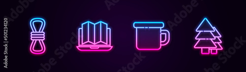 Set line Climber rope  Location of the forest in laptop  Camping metal mug and Tree. Glowing neon icon. Vector