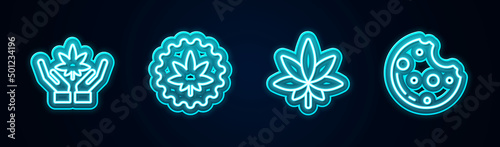 Set line Marijuana or cannabis leaf, , and Cookies with marijuana. Glowing neon icon. Vector