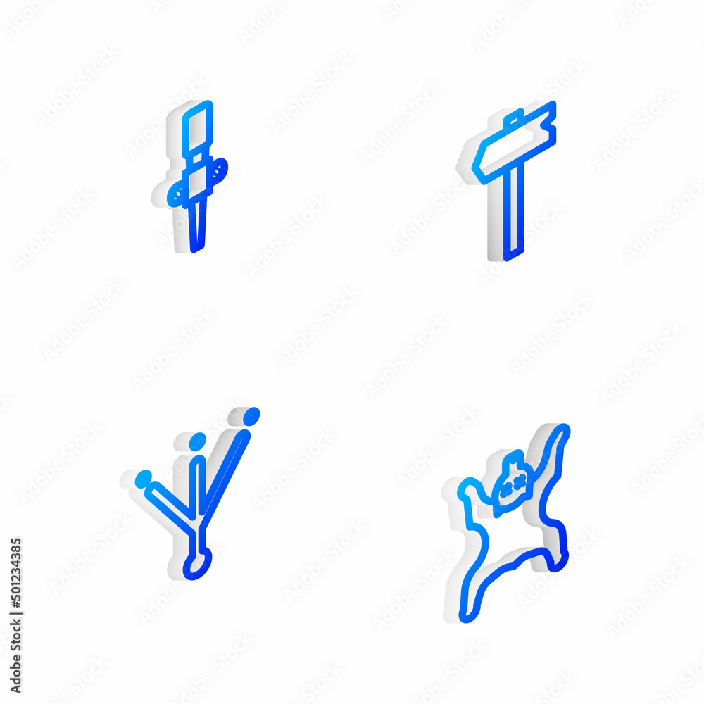 Set Isometric line Road traffic sign, Torch flame, Bird footprint and Bear skin icon. Vector Set Isometric line Road traffic sign, Torch flame, Bird footprint and Bear skin icon. Vector