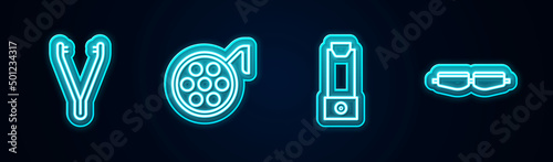 Set line Medical tweezers, Surgery lamp, Inhaler and Safety goggle glasses. Glowing neon icon. Vector