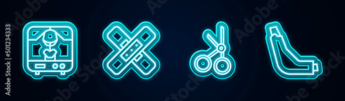 Set line X-ray machine, Crossed bandage plaster, Medical scissors and Inhaler. Glowing neon icon. Vector