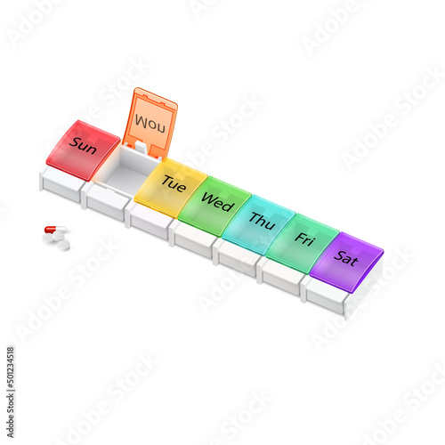 Illustration of Plastic Pharmacy Organizer for Pills for Each Day of the Week on White Background. A Weekly Medicine Dispenser Opened for Monday