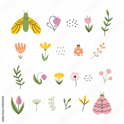 Set  sticker with flower and butterfly. Cute doodle illustration. Spring and summer badge for designer postcard.