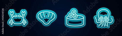 Set line Crab, Scallop sea shell, Tin can with caviar and Octopus. Glowing neon icon. Vector