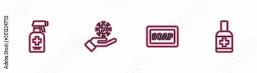 Set line Liquid antibacterial soap, Bar of, Hand with virus and icon. Vector