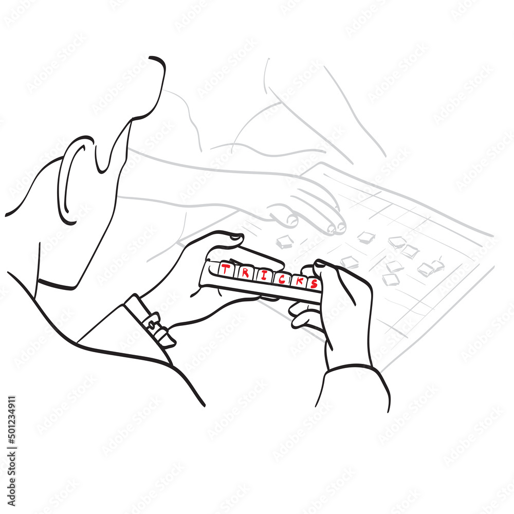 line art businessman playing puzzle crossword with red word of TRICKS illustration vector hand drawn isolated on white background line art businessman playing puzzle crossword with red word of TRICKS illustration vector hand drawn isolated on white background