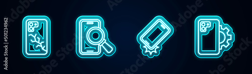 Set line Mobile with broken screen, Phone repair service, Shockproof phone and . Glowing neon icon. Vector
