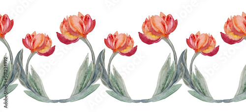 Seamless border watercolor abstract wave with flower red orange tulip and green leaves isolated on white background. Hand-drawn spring summer plant. Art for wedding 8 march wrapping wallpaper sticker #501234992