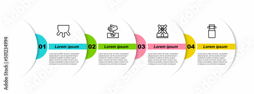 Set line Udder, Seeds, Windmill and Can container for milk. Business infographic template. Vector