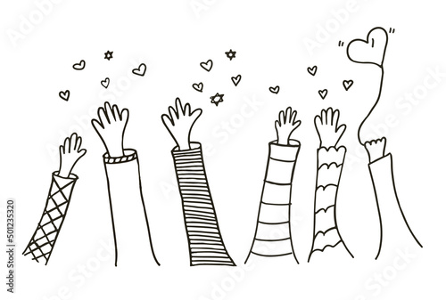 Volunteers and charity work. Raised helping hands. Vector hand drawn doodle illustrations with a crowd of people ready and available to help and contribute. Positive foundation, business, service.
