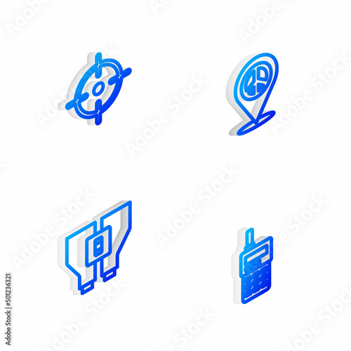 Set Isometric line Location peace  Target sport  Binoculars and Walkie talkie icon. Vector