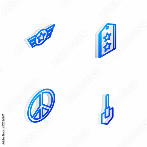 Set Isometric line Military rank, Star American military, Peace and Shovel icon. Vector