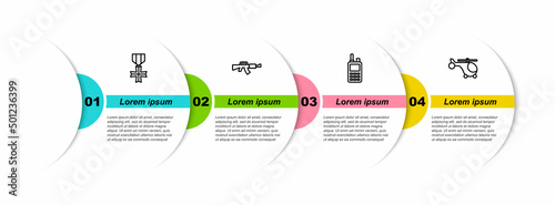 Set line Military reward medal, M16A1 rifle, Walkie talkie and Helicopter. Business infographic template. Vector