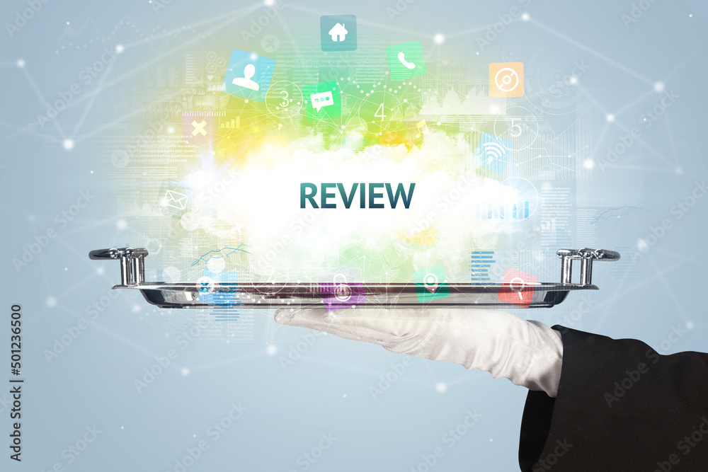 Waiter serving social networking concept Waiter serving social networking concept