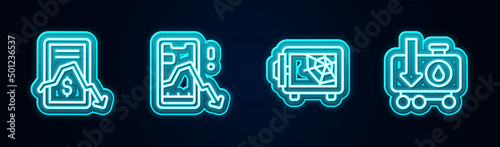Set line Mobile stock trading, , Safe and Drop crude oil price. Glowing neon icon. Vector