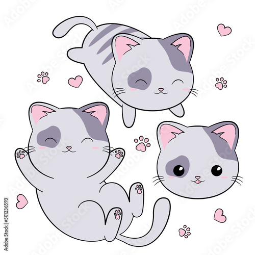 Słodki kotek w łaty. Zestaw zwierzaków z różnymi minami i w różnych pozach. Kot w stylu kawaii. Ilustracja wektorowa na białym tle.