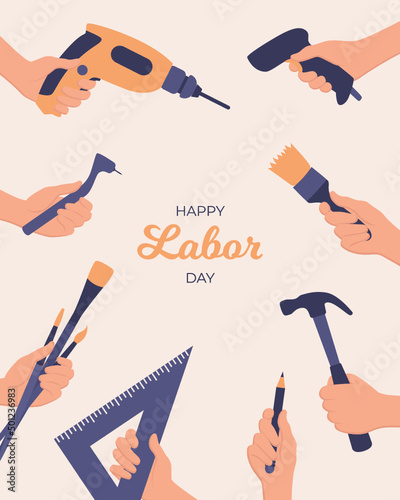 Happy Labor day greeting card Hands with tools