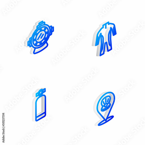 Set Isometric line Wetsuit for scuba diving, Aqualung, and Scallop sea shell icon. Vector