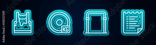 Set line Sweaty sleeveless t-shirt, Weight plate, Sport horizontal bar and training program. Glowing neon icon. Vector