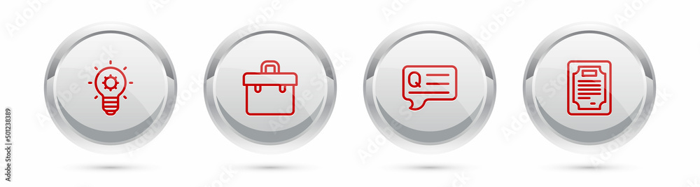Set line Light bulb, Briefcase, Speech bubbles with Question and Certificate template. Silver circle button. Vector Set line Light bulb, Briefcase, Speech bubbles with Question and Certificate template. Silver circle button. Vector