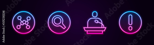 Set line Chemical formula, Magnifying glass, Gives lecture and Speech bubble and Exclamation. Glowing neon icon. Vector