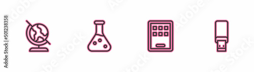 Set line Earth globe, Graphic tablet, Test tube and USB flash drive icon. Vector