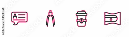 Set line Speech bubbles with Answer, Coffee cup to go, Drawing compass and Pencil sharpener icon. Vector