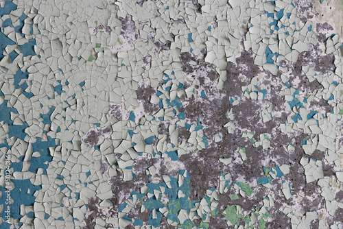 Peeling paint on the wall. Old concrete wall with cracked flaking paint. Weathered rough painted surface with patterns of cracks and peeling. Grunge texture for background and design. High resolution.