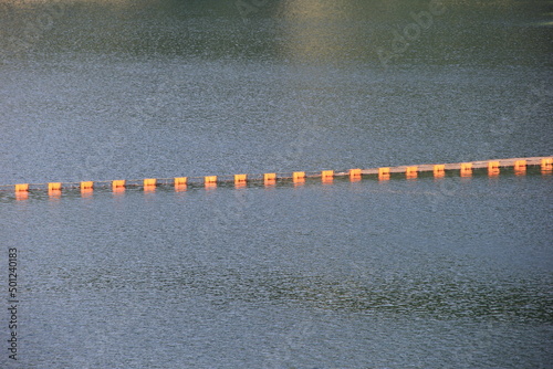 網場の「浮き」が一列に並んでいる水面