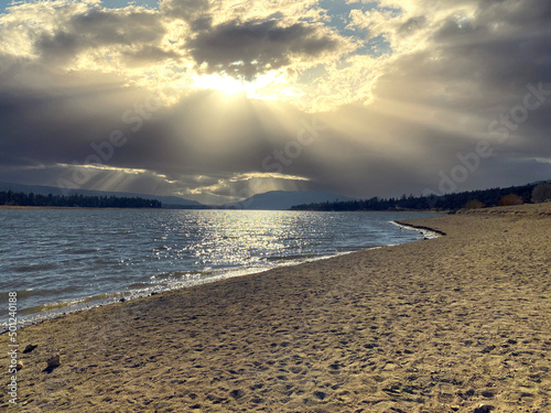 Slika na platnu dusk sandy lake shore beach sunset reflections shoreline clear water edge blue s