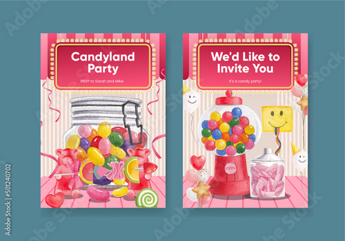 Invitation card template with candy jelly party concept,watercolor style