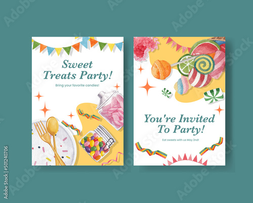 Invitation card template with candy jelly party concept,watercolor style