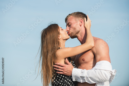 Couple kissing outdoor. Couple in love kiss. Romantic and love concepr. Lovely happy couple kiss and hugs. sensual kiss. Hugs together and sensual touch. photo