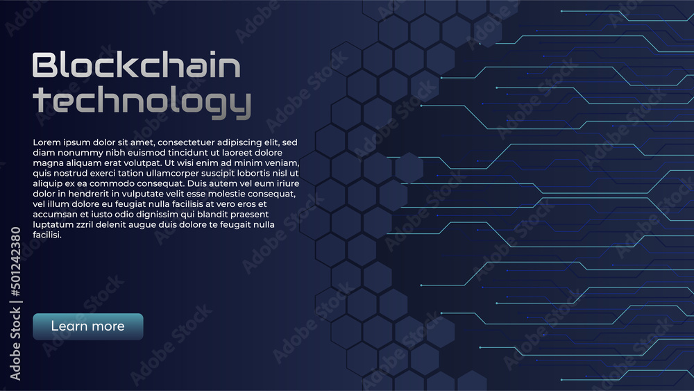 Blockchain technology concept, cryptocurrency. Working with tokens on the Internet, security. Futuristic background with elements in techno style microchips. Design banner template for web. Copyspace.